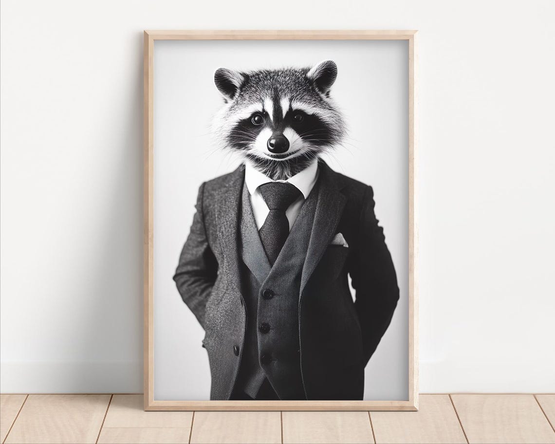 Raccoon in a Three Piece Suit Funny Black and White Animal Wall Art