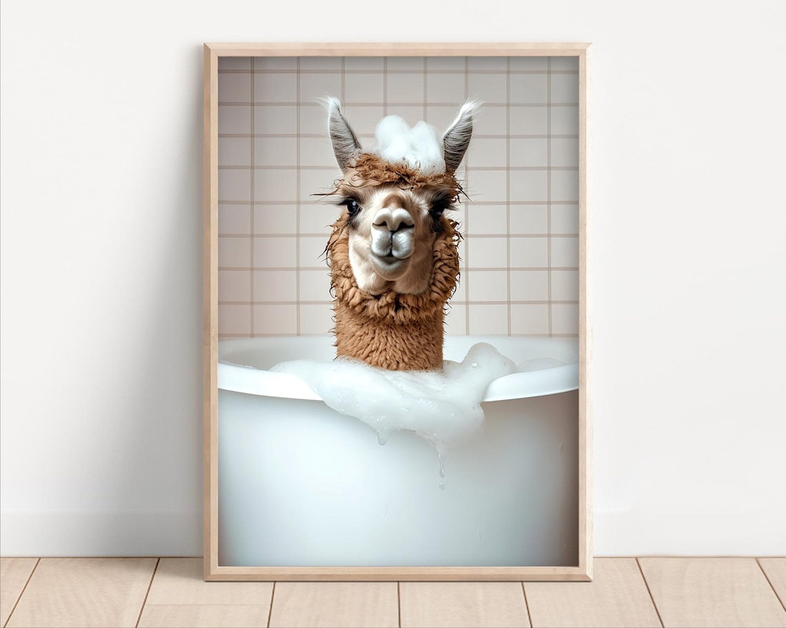 Llama Taking a Bubble Bath Funny Bathroom Art Print