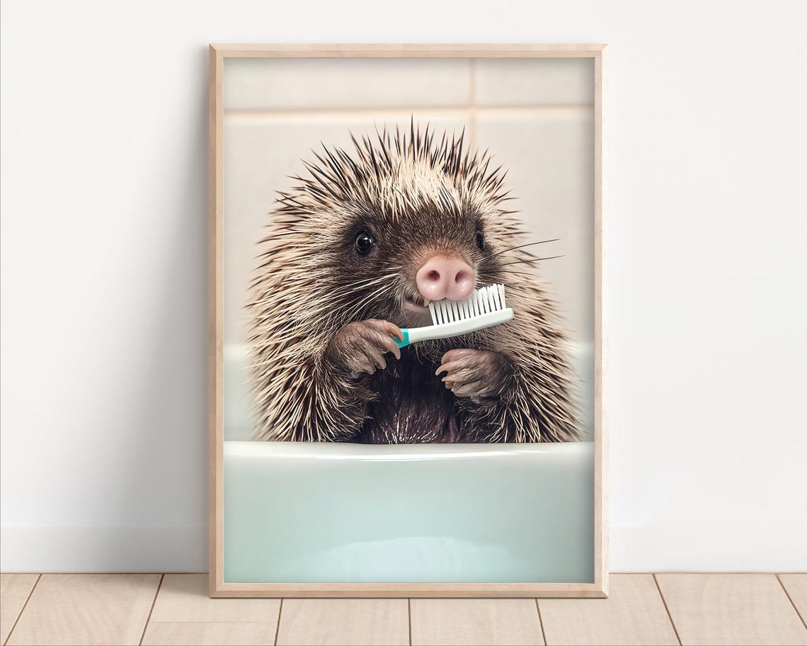 Cute Adorable Porcupine Brushing Its Teeth Over a Bathtub Poster