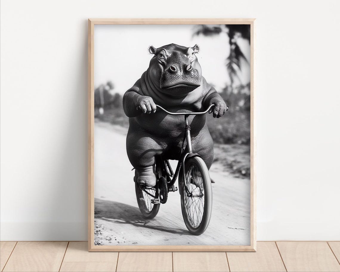 Hippo Riding a Bicycle Funny Retro Black and White Animal Poster