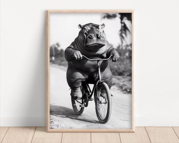 Hippo Riding a Bicycle Funny Retro Black and White Animal Poster