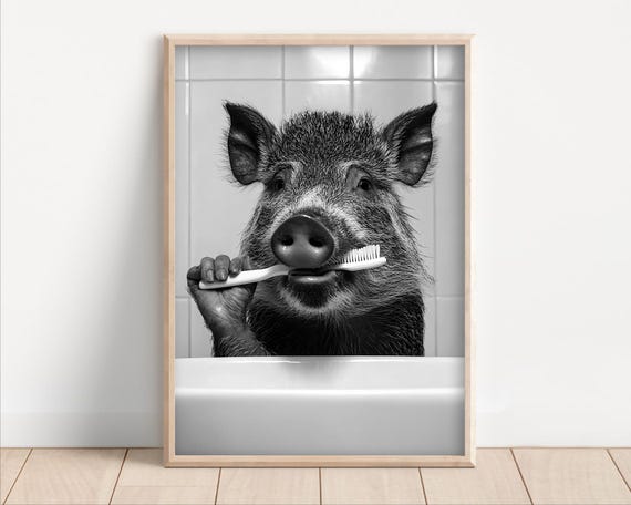 Wild Boar Brushing Teeth Poster Or Canvas Funny Bathroom Wall Art Kids Laundry Room Decor Retro Animal Humor Cute Print