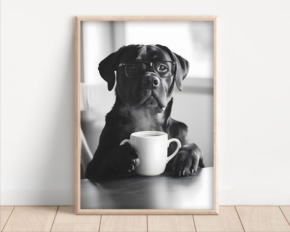 Rottweiler Dog Drinking Coffee Wearing Glasses Poster Or Canvas Funny Kitchen Wall Art Lover Humor Cute Animal Decor