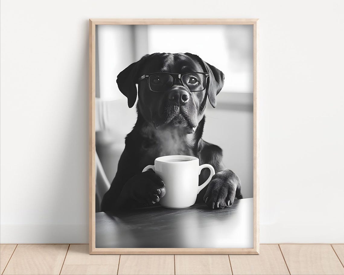 Rottweiler Wearing Glasses Drinking Coffee Black White Hipster Poster