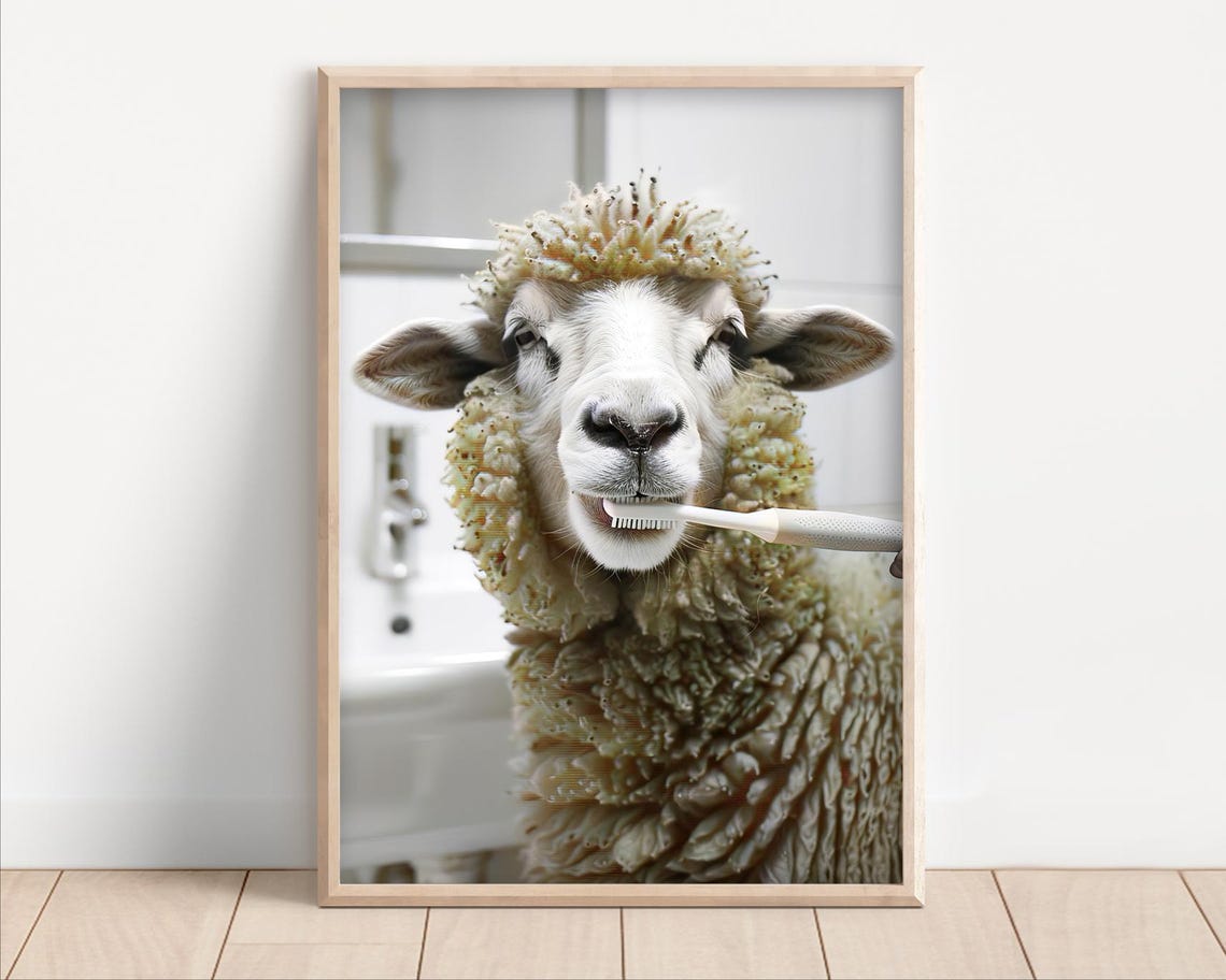 Funny Woolly Sheep Brushing Teeth in the Bathroom Cute Farm Poster