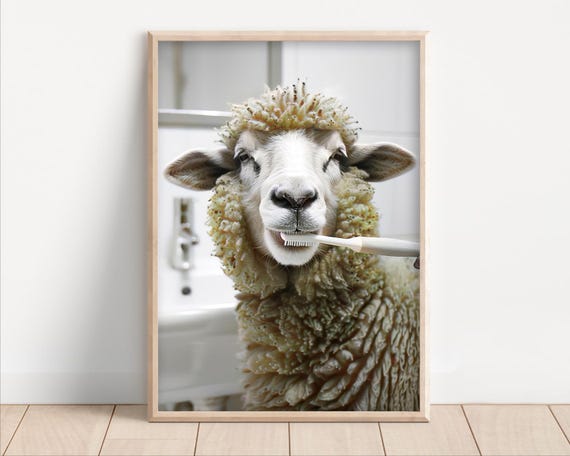 Funny Sheep Brushing Teeth Bathroom Wall Art Poster Or Canvas Quirky Laundry Room Decor Dentist Animal Cute Print