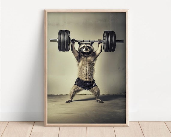 Raccoon Lifting Weights Funny Gym Art Print