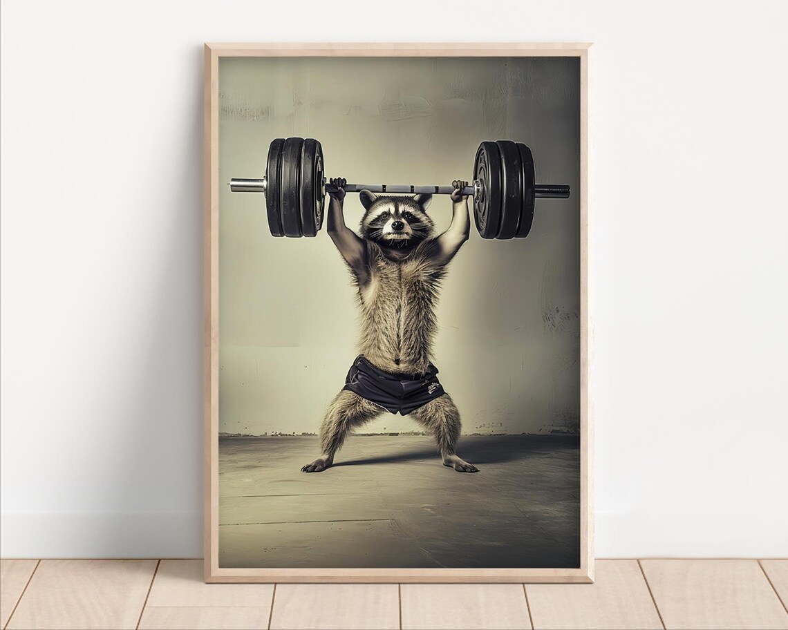 Raccoon Lifting Weights Funny Gym Art Print