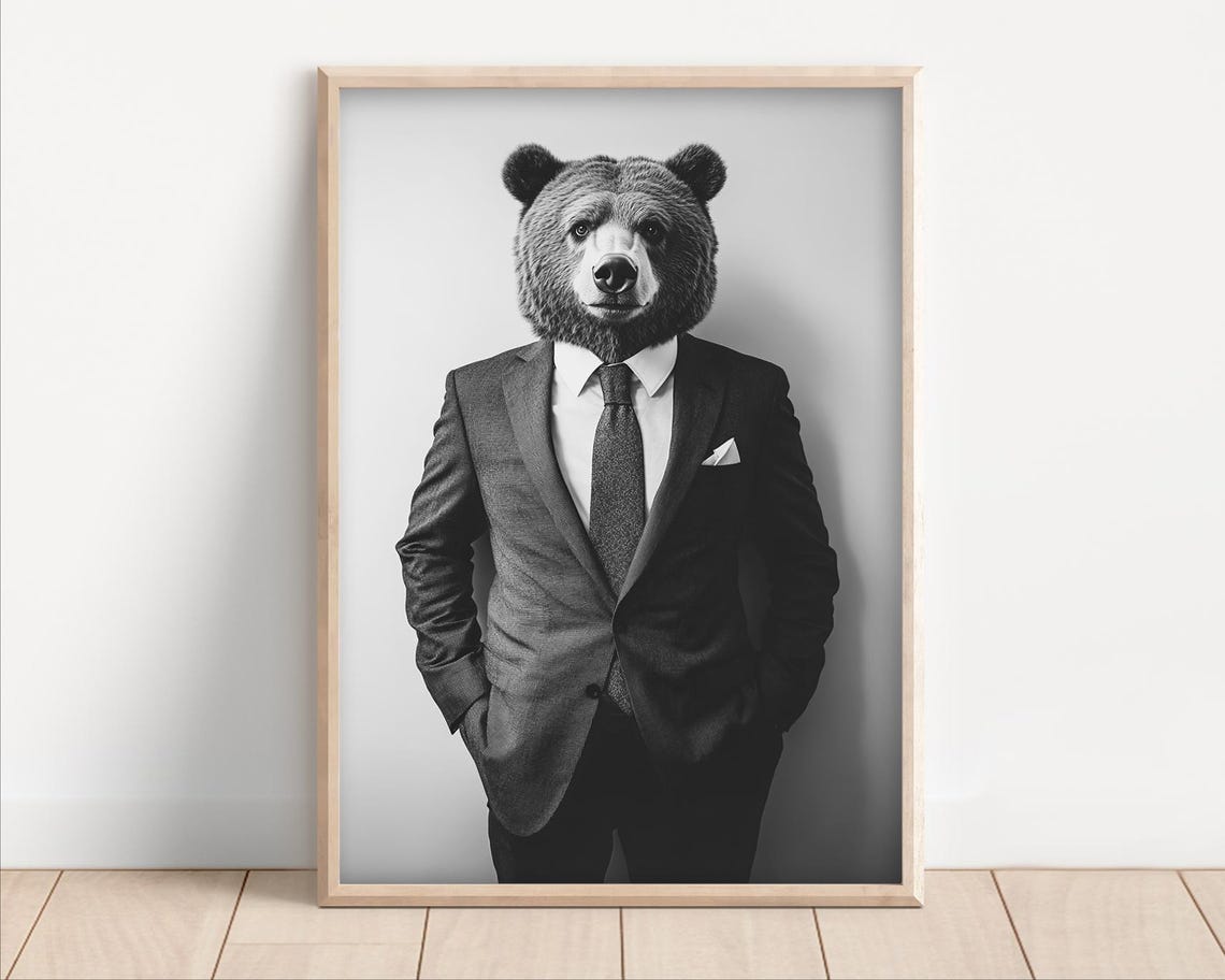 Bear In Business Suit Black White Funny Office Boss Wall Art