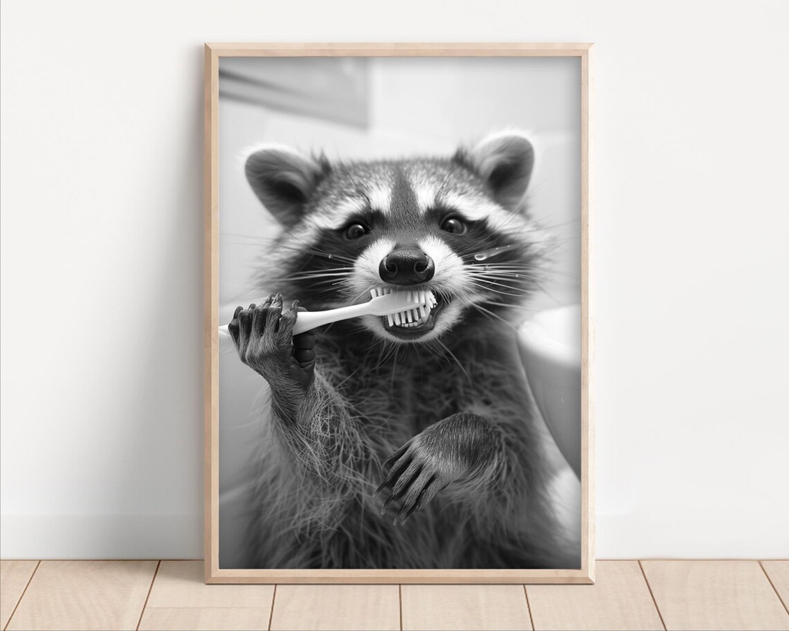 Raccoon Brushing Teeth Vintage Style Humor Print