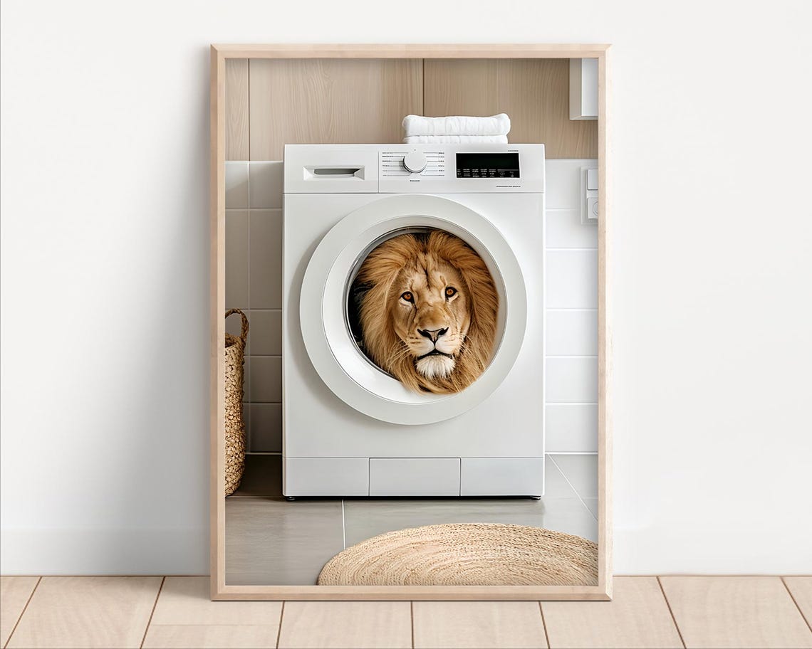 Lion In A Washing Machine Poster Or Canvas Funny Bathroom Wall Art Cute Laundry Room Decor Retro Animals Print