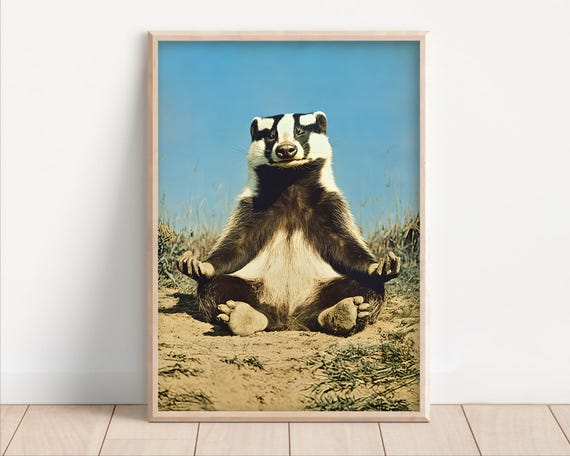 Yoga Badger Poster Or Canvas Funny Wall Art Meditation Cute Kids Nursery Room Decor Retro Zen Quirky Animal Humor Print