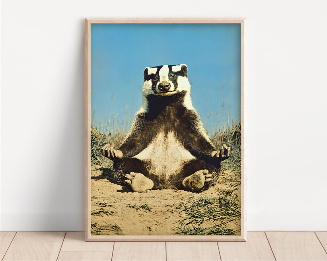 Meditating Badger Zen Yoga Funny Retro Wildlife Photo Wall Art