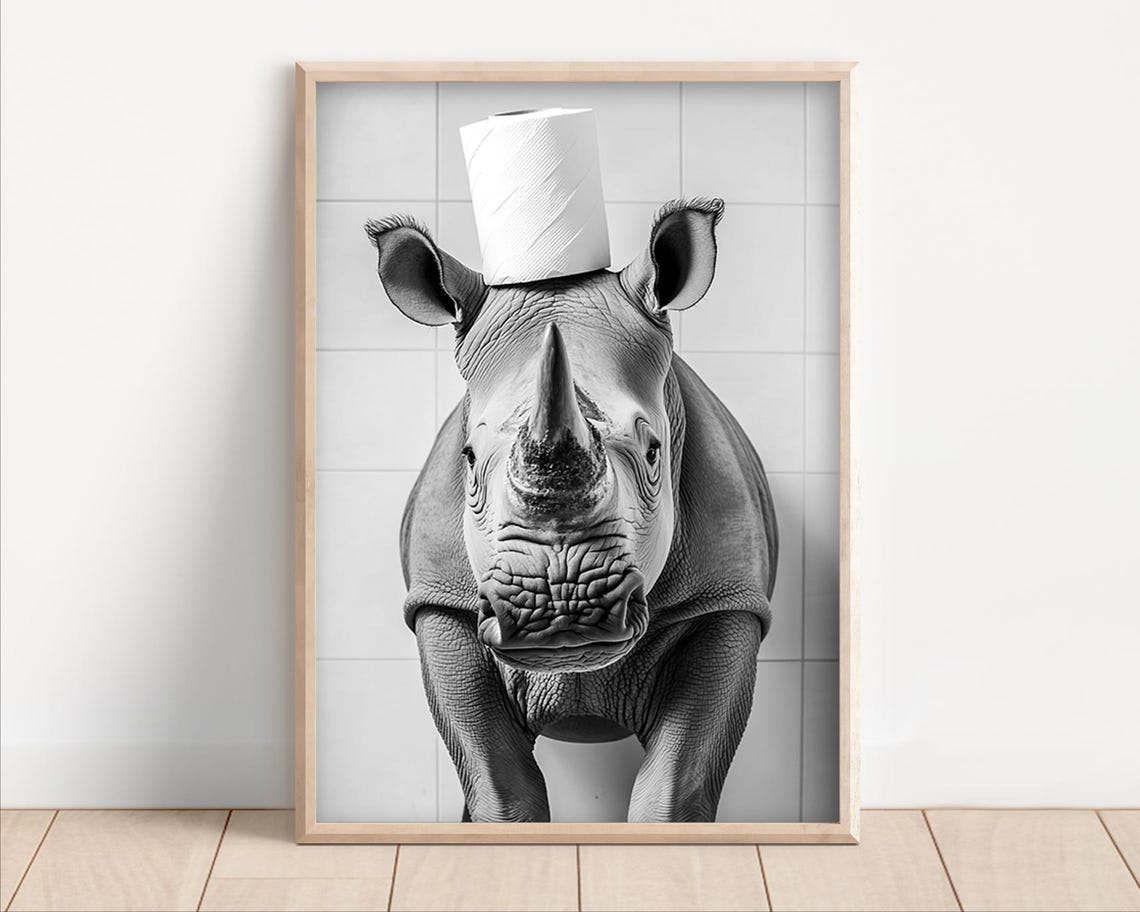 Rhino Balancing a Toilet Paper Roll on Its Head Funny Poster