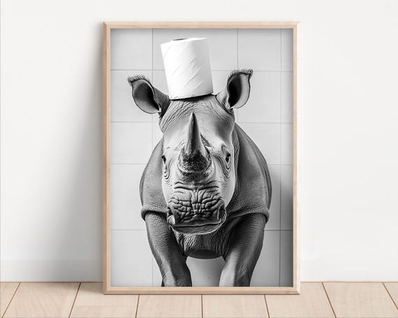 Rhino With Toilet Paper On Poster Or Canvas Funny Bathroom Wall Art Kids Laundry Room Decor Animal Humor Photo Cute Print
