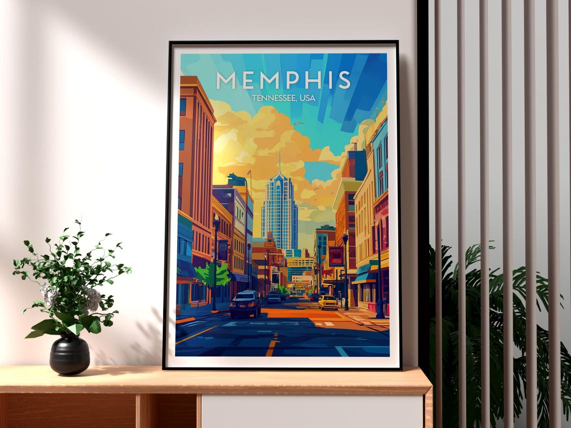 Vintage Memphis Tennessee Downtown City Sunset Skyline Travel Poster