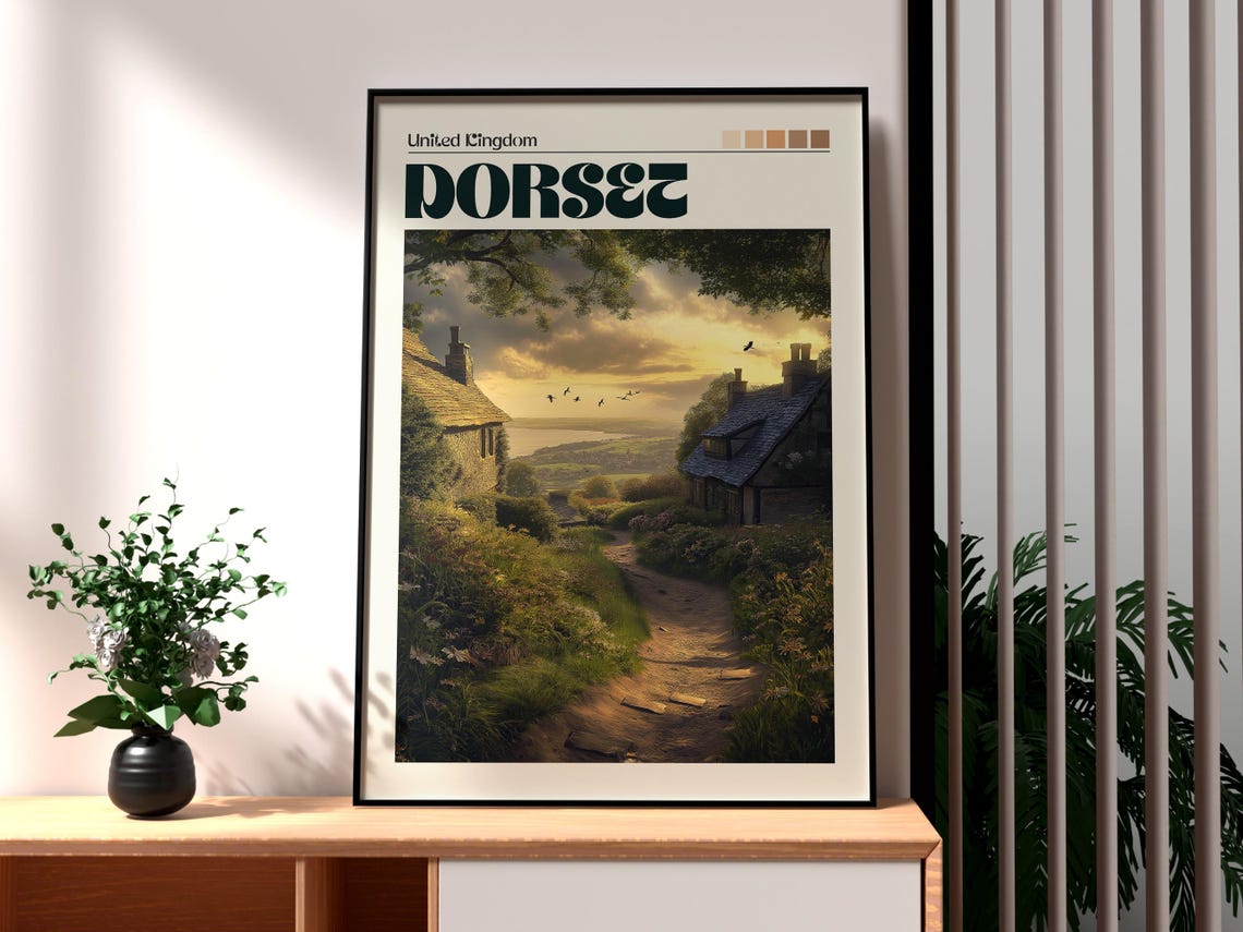 Dorset England Cottage Path Countryside Sunset View Travel Poster