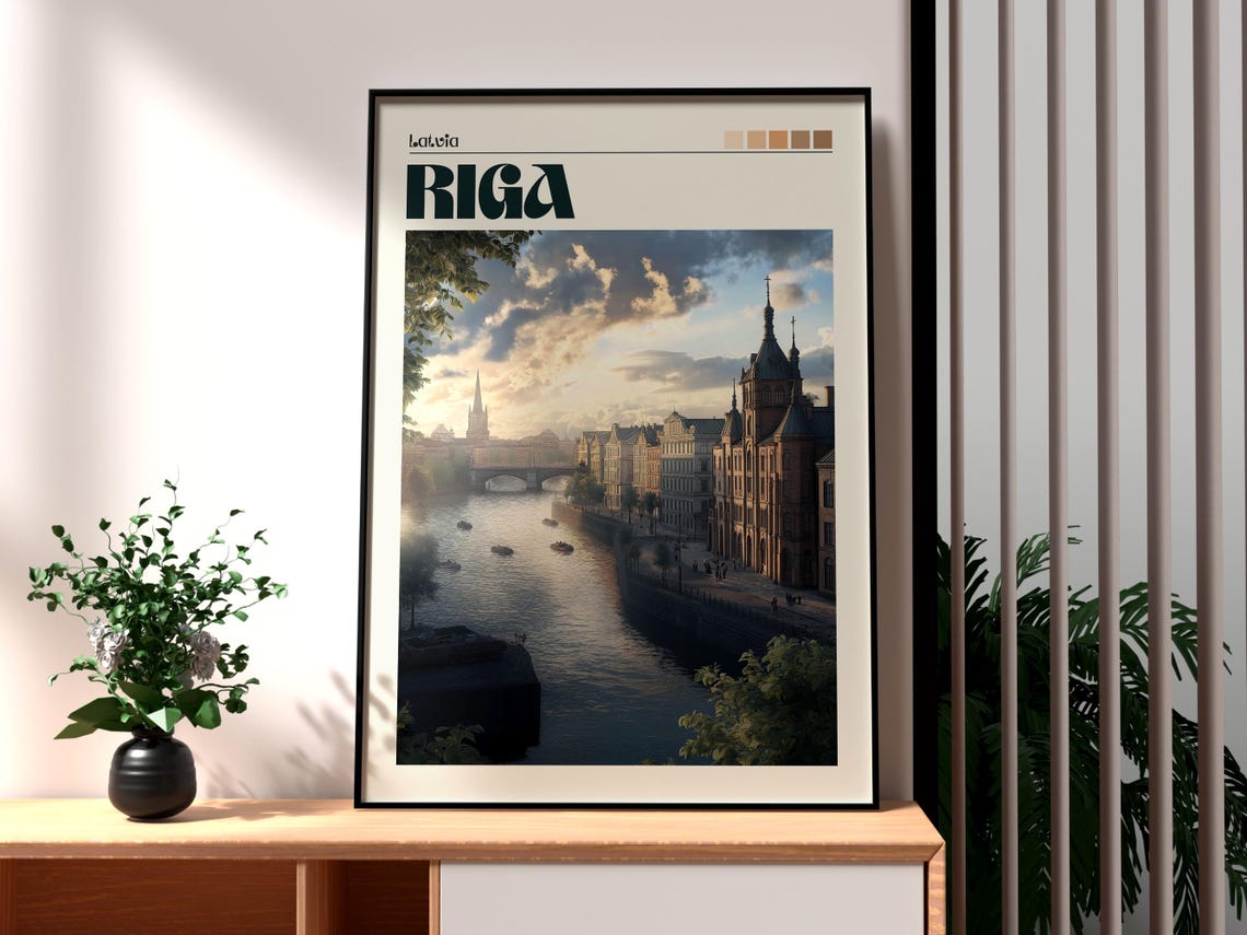 Riga Latvia Baltic River Old Town Sunset Retro Travel Poster