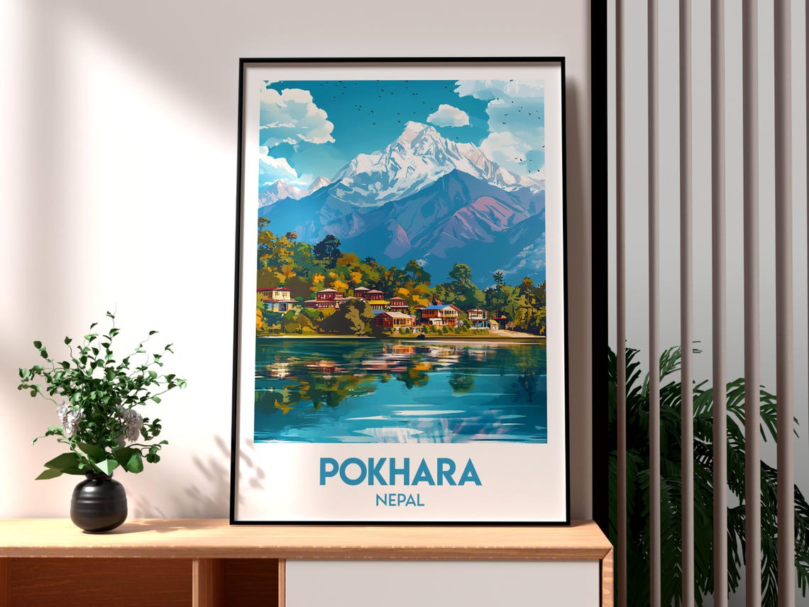 Pokhara Nepal Himalayan Lake Village Snow Mountain Travel Poster