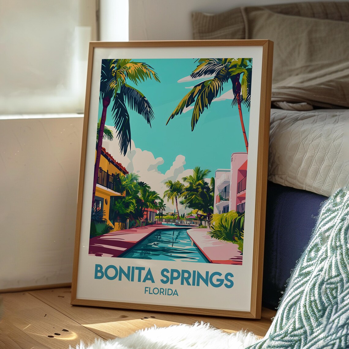 Bonita Springs Florida Resort Pool Palms Vintage Style Travel Poster - Image 3