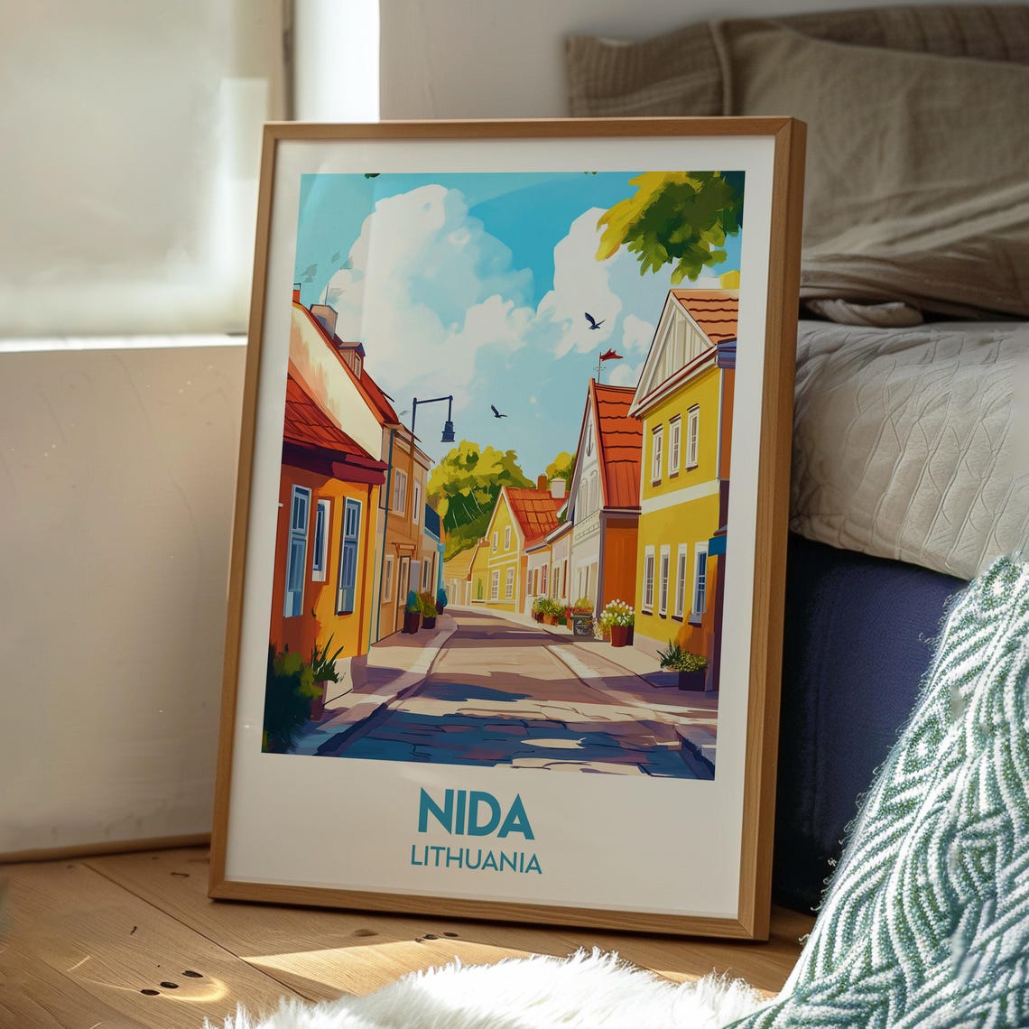 Nida Lithuania Charming Cobblestone Street Pastel Homes Travel Poster - Image 3