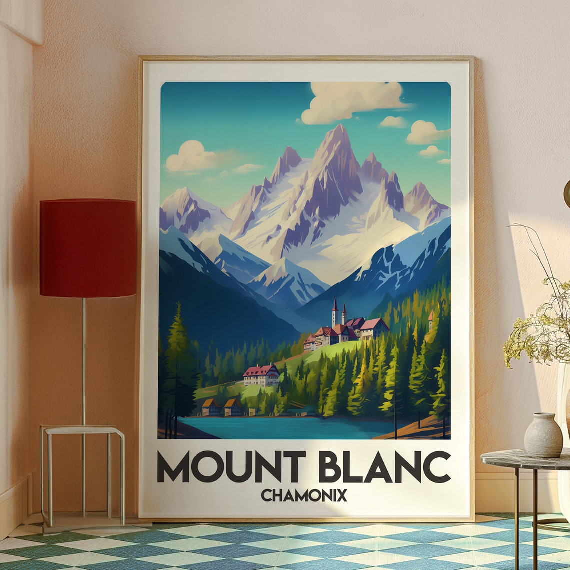 Mount Blanc Chamonix Alpine Peaks Chalet Village Lake View Art Poster - Image 3
