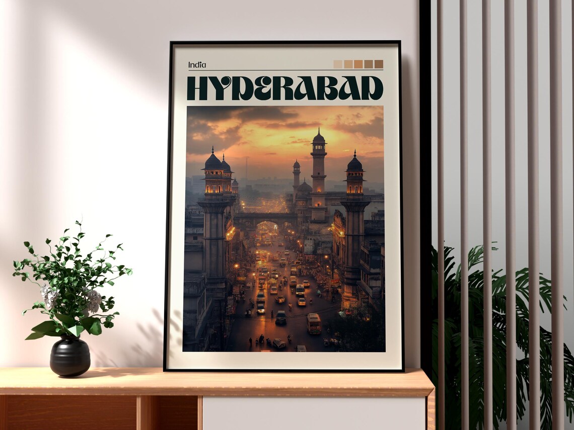 Hyderabad India Busy Old City Street Dusk Skyline Travel Poster