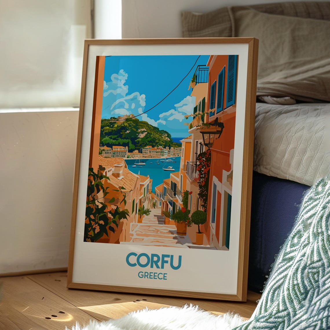 Corfu Greece Harbor Steps Seaside Old Town Village View Poster - Image 3