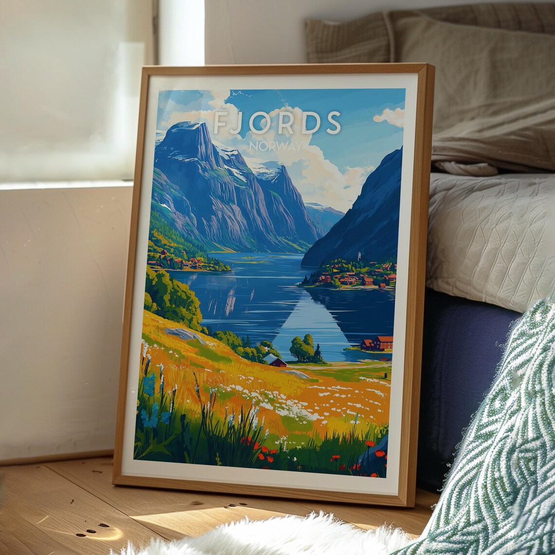 Norway Fjords Snowy Mountains Wildflower Meadow Water Travel Poster - Image 3