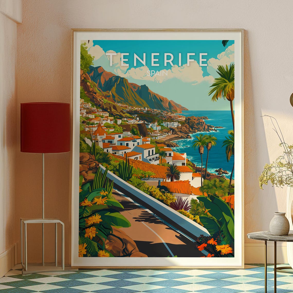 Tenerife Spain Coastal Town Cliffs Blue Sea Vintage Travel Poster - Image 2