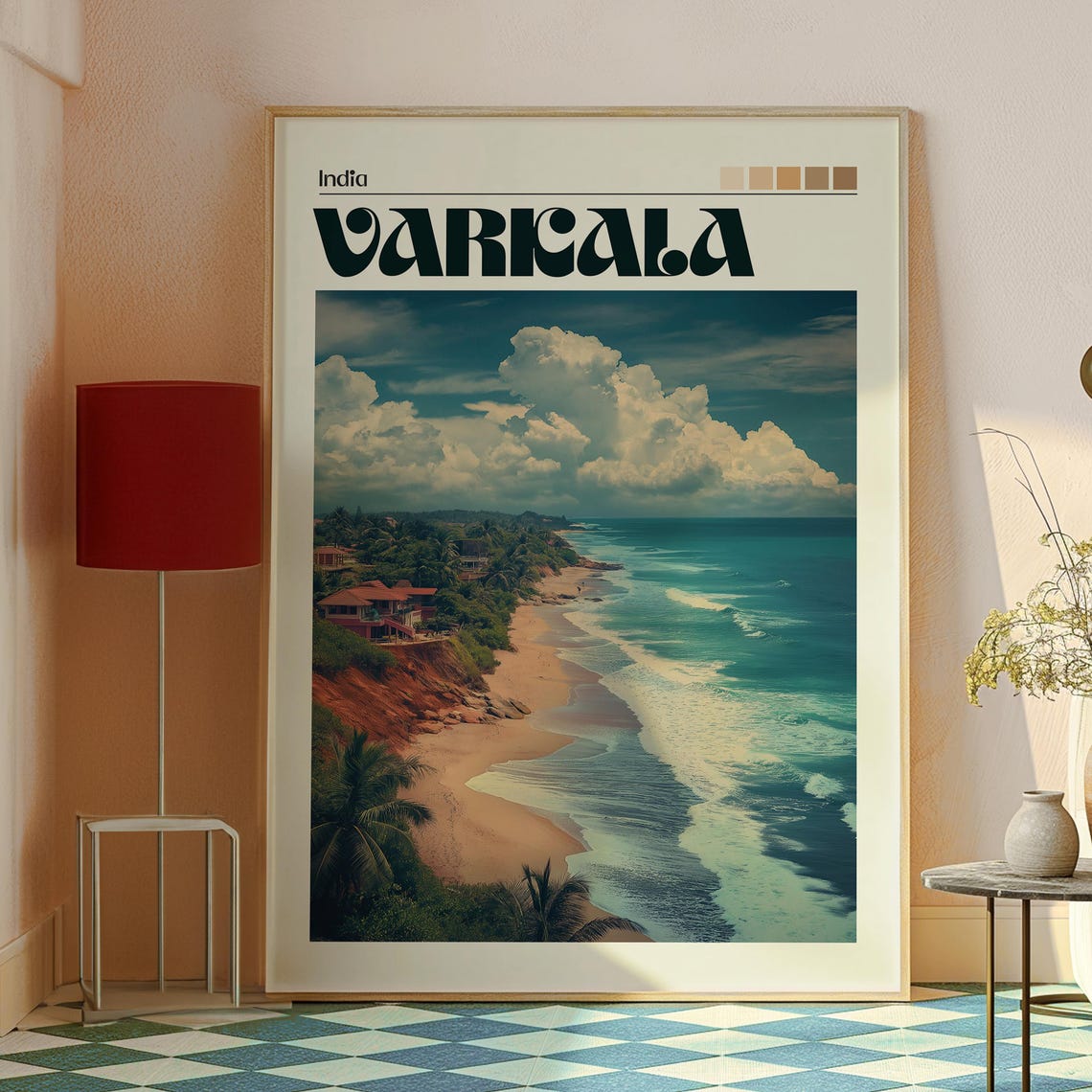 Varkala India Red Cliff Beach Palm Trees Ocean Waves Art Poster - Image 2