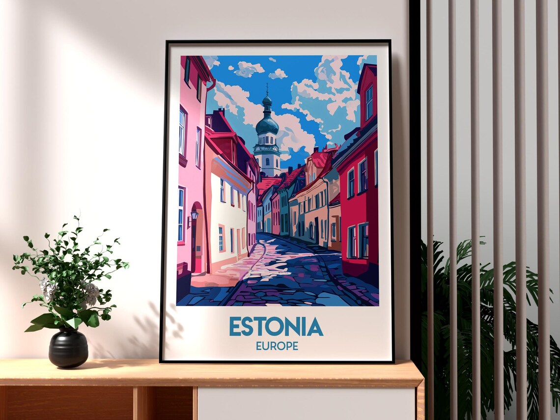 Estonia Vintage Travel Poster Cobblestone Street Onion Dome City