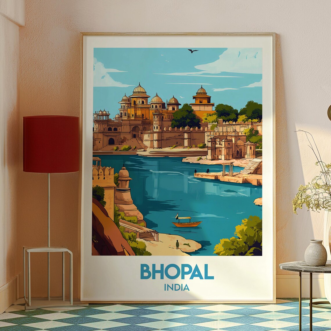 Bhopal India Golden Lakeside Palace Boats Historic Travel Poster - Image 2