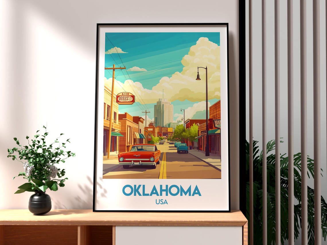 Oklahoma USA Retro Downtown Street Classic Car Skyline Poster