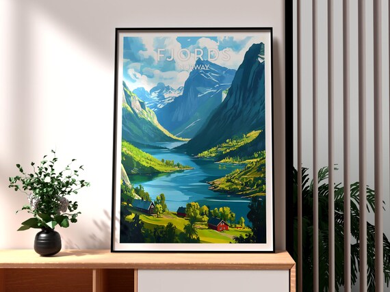Norway Fjords Mountainside Lake Valley Vintage Travel Poster