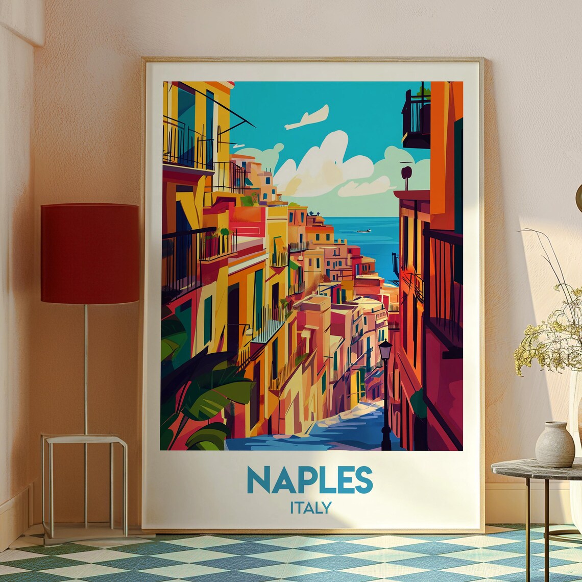 Naples Italy Colorful Alley Steps Sea View Old Town Travel Poster - Image 2
