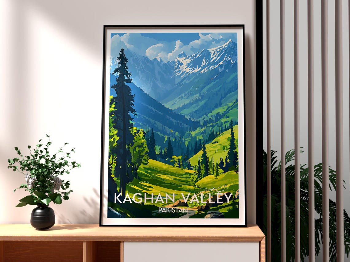 Kaghan Valley Pakistan Snow Peaks Green Valley Pines Travel Poster