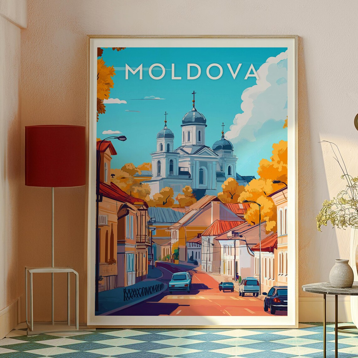 Moldova Orthodox Cathedral Blue Domes Old Town Street Travel Poster - Image 2