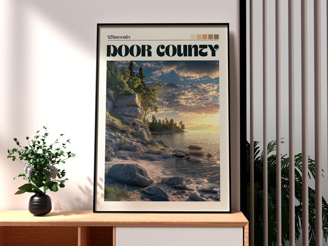Door County Wisconsin Lake Shore Sunset Rocky Beach Travel Poster