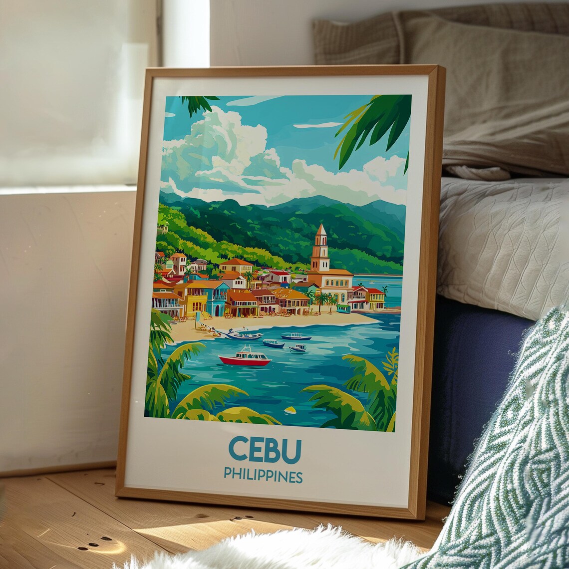 Cebu Philippines Seaside Town Church Harbor Boats Travel Poster - Image 3