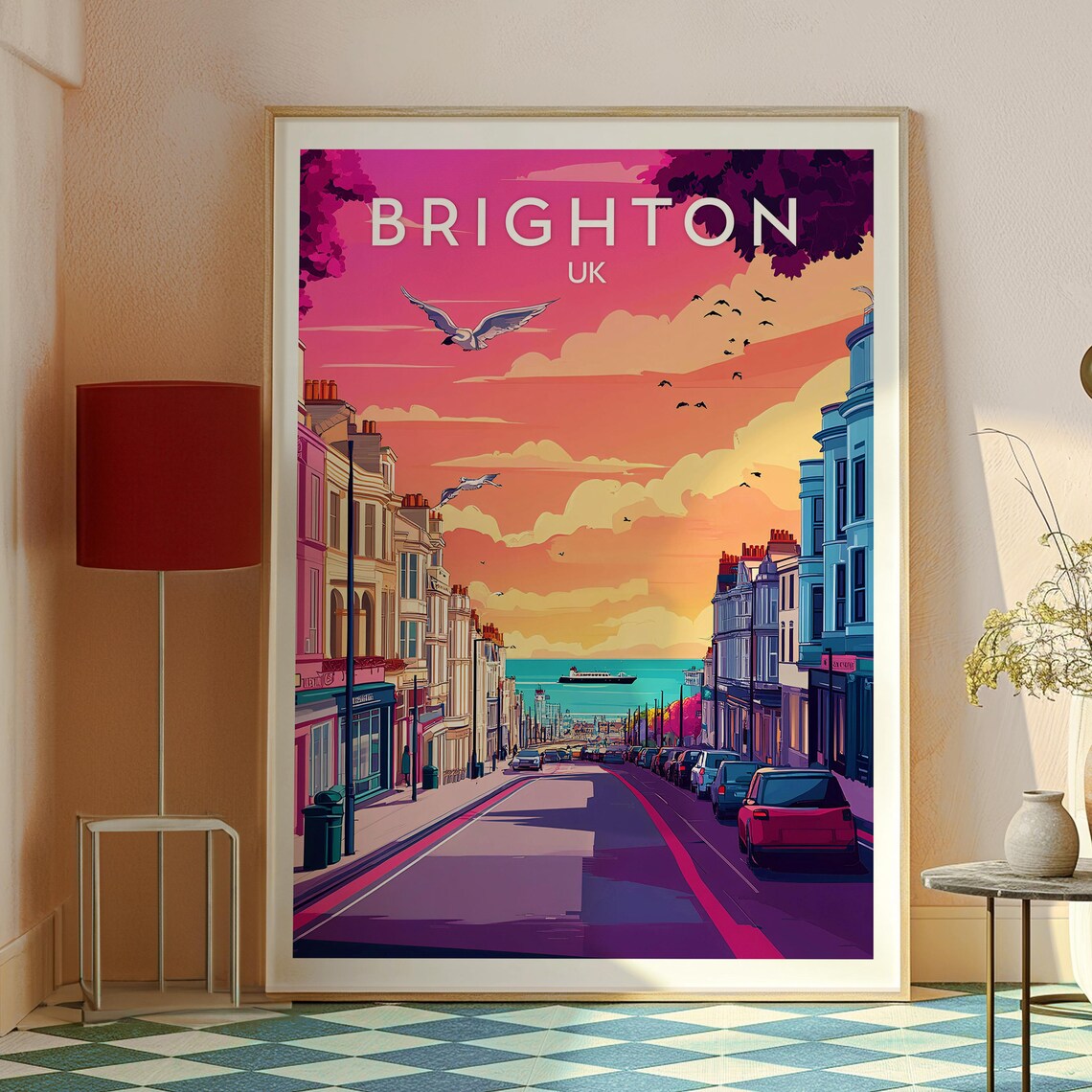 Brighton UK Sunset Seaside Street Beach Seagulls Travel Poster - Image 2