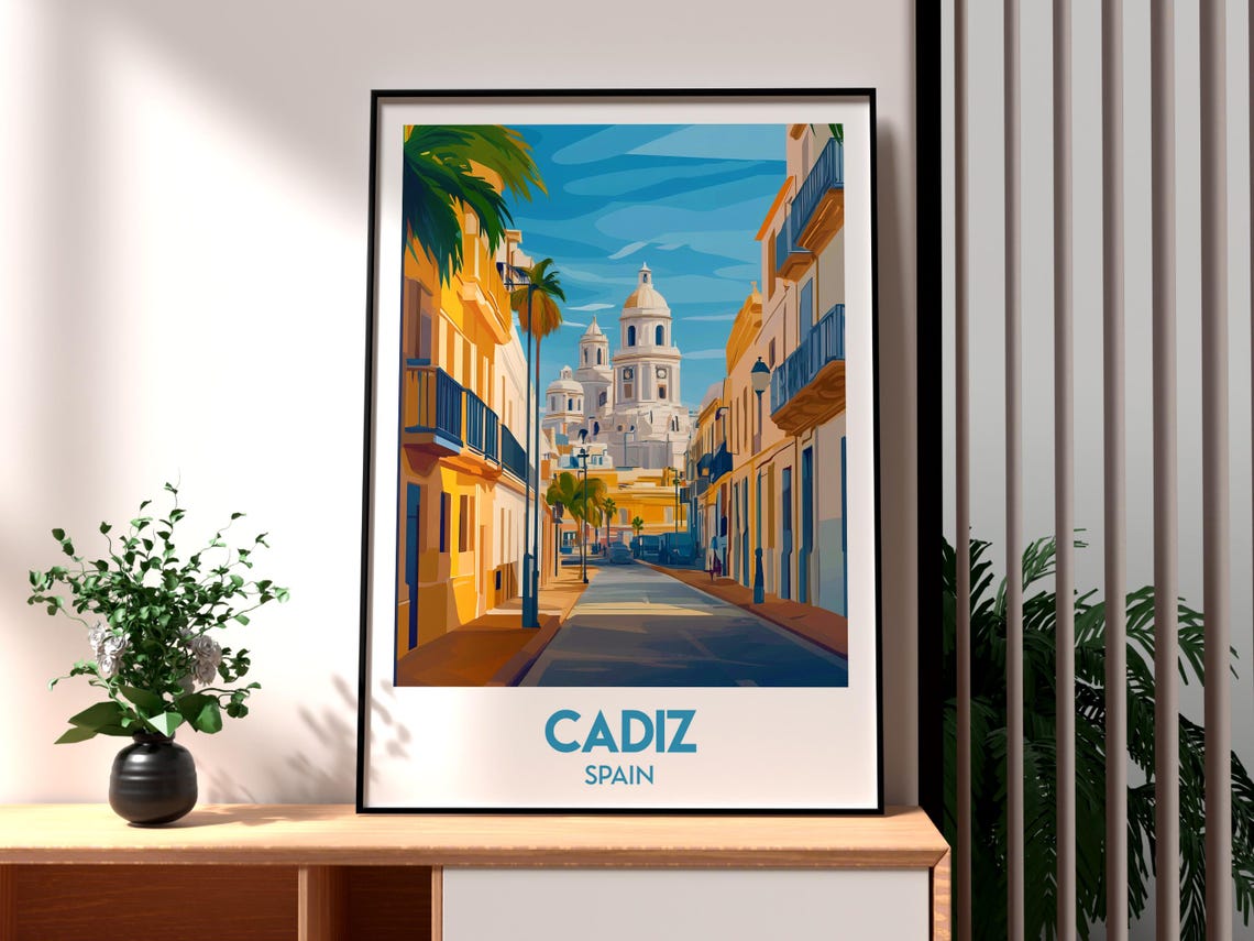 Cadiz Spain Old Street Cathedral Domes Palm Trees Travel Poster