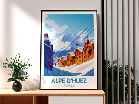 Alpe D Huez France Snowy Ski Resort Village Gondola Travel Poster