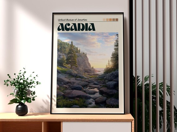 Acadia National Park Maine Rocky Coastline Sunset Travel Art Poster