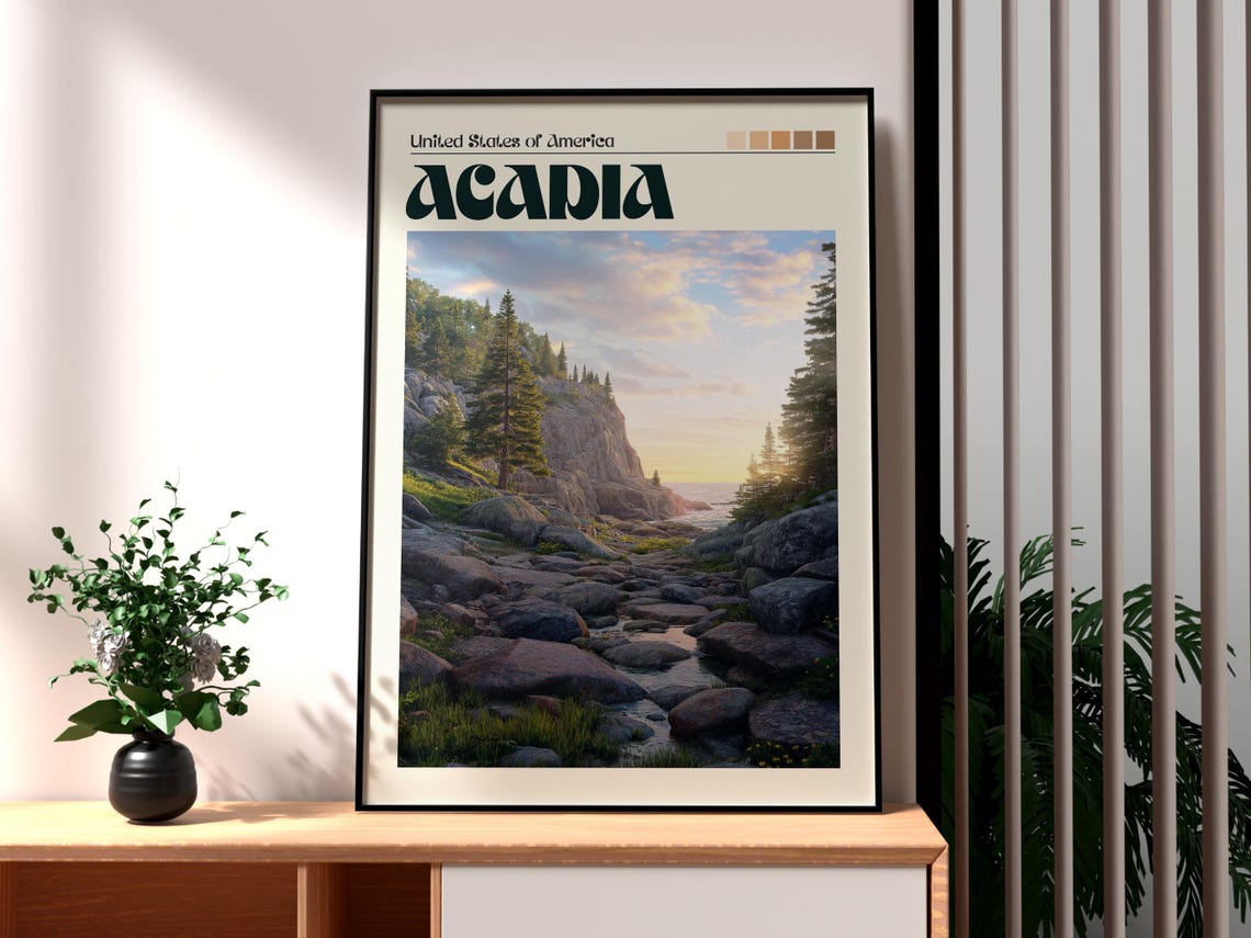 Acadia National Park Maine Rocky Coastline Sunset Travel Art Poster
