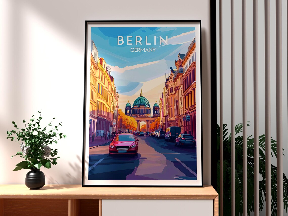 Berlin Germany Cathedral Street Golden Light Vintage Travel Poster