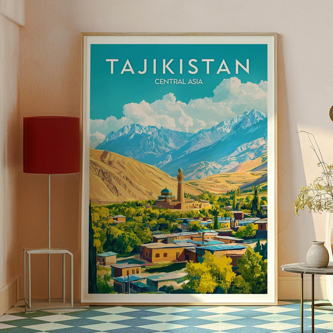 Tajikistan Central Asia Mountain Village Mosque Travel Poster - Image 2