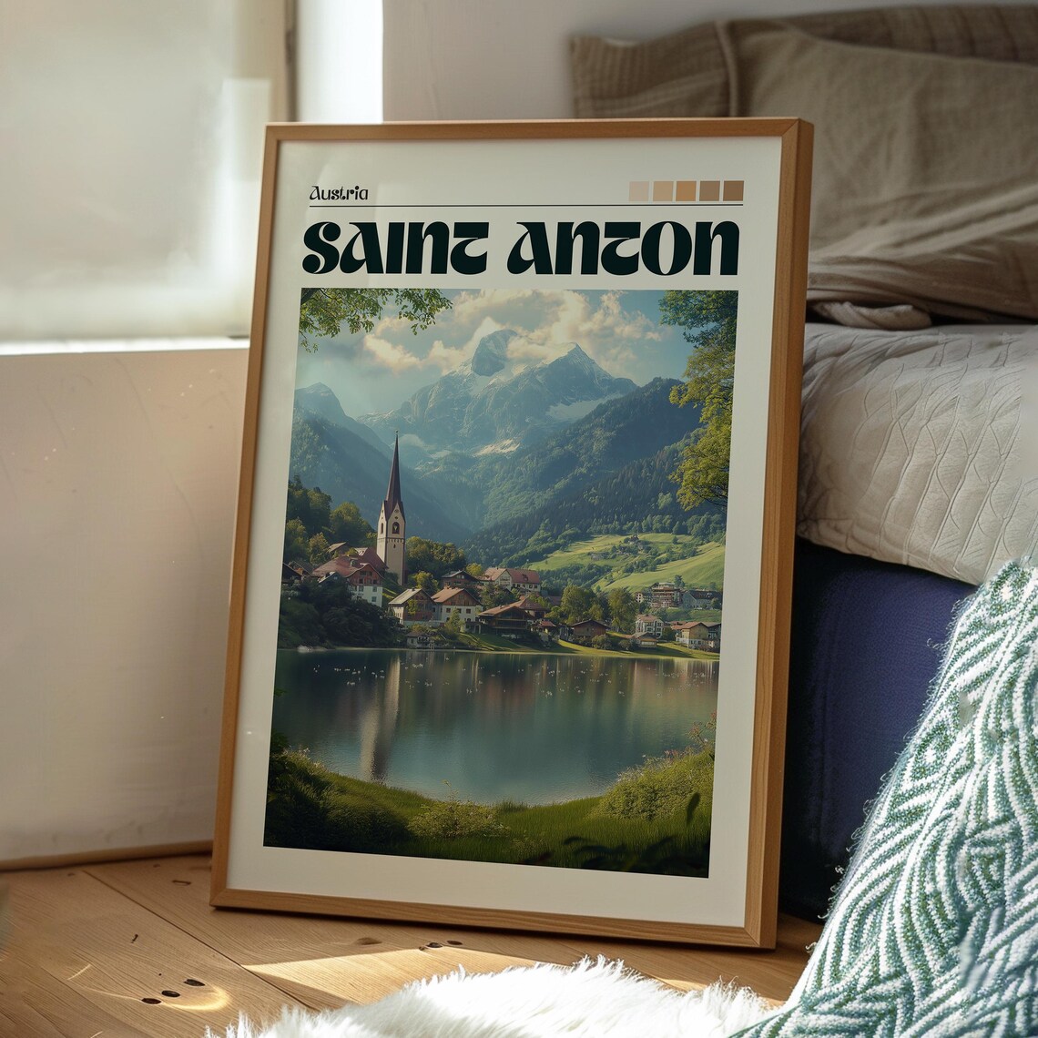 Saint Anton Austria Lakeside Church Alpine Village Vintage Travel Poster - Image 3