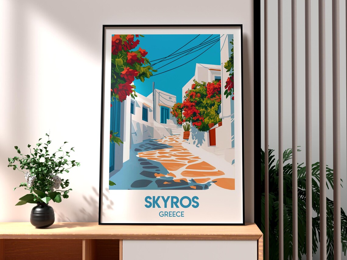 Skyros Greece White Alley Bougainvillea Island Scenic Poster - Image 3