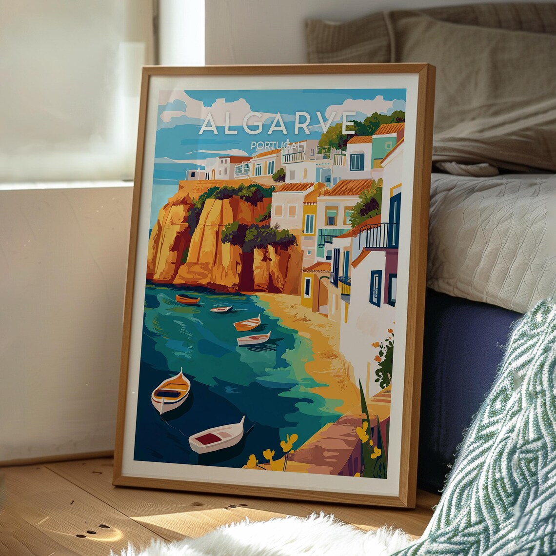 Algarve Portugal Cliff Village Boats Beach Cove Travel Poster - Image 2